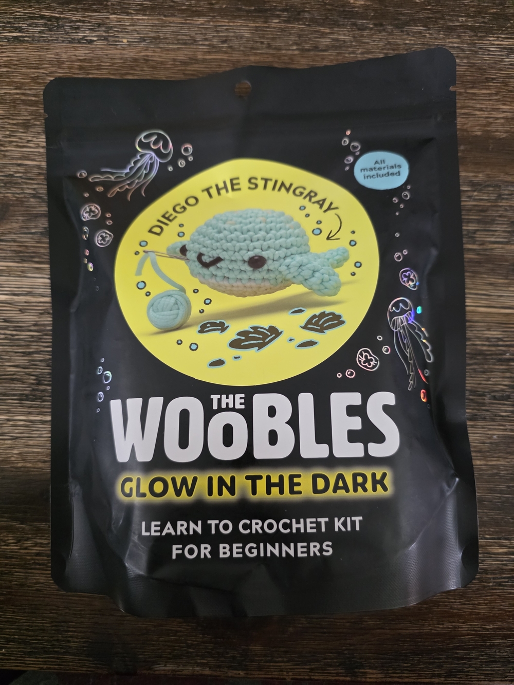 The Woobles Diego the Stingray Glow-in-the-Dark Crochet Kit Light Teal NEW